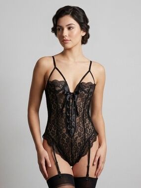 Midnight Lace Garter Bodysuit – Noir Sheer Mesh